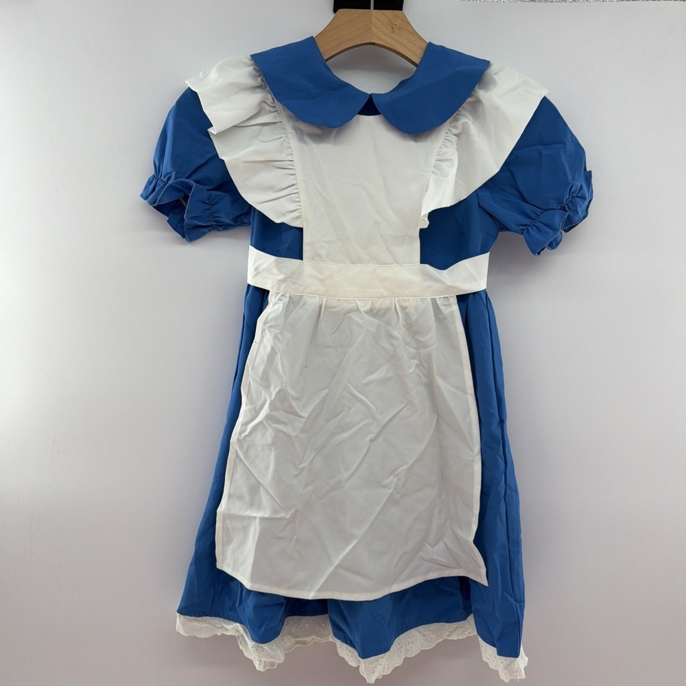Youth Alice in Wonderland Halloween Costume Dress w/ Apron Blue/White 25" Long